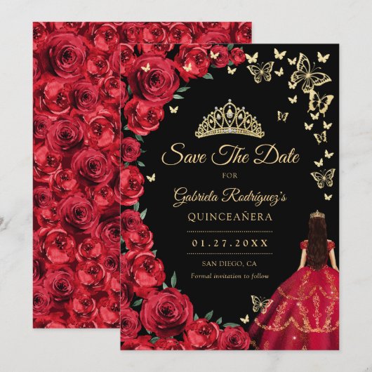 Zwart Goud Rood Rozen Vlinders Quinceanera Save The Date (Voorkant / Achterkant)