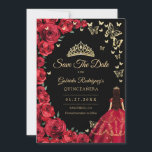Zwart Goud Rood Rozen Vlinders Quinceanera Save The Date<br><div class="desc">Zwart rood goud Quinceanera viering opslaan van de datum kaart. Voorzien van brunette meisje in baljurk jurk,  script lettertype,  gouden vlinders,  rode rozen en tiara. Perfect voor een elegante prinses stijl glamour viering. Personaliseer met uw eigen gegevens. Gedrukte Zazzle-kaarten of direct te downloaden digitale afdrukbare sjabloon.</div>