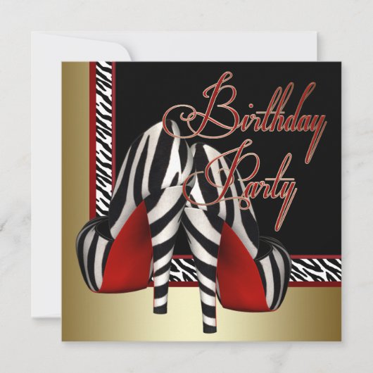 Zwart Goud Rood Zebra High Heels Verjaardagsfeest Kaart (Voorkant)