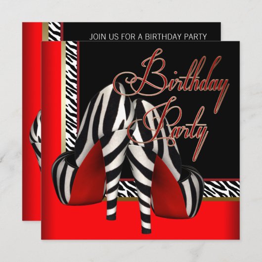 Zwart Goud Rood Zebra High Heels Verjaardagsfeest Kaart (Voorkant / Achterkant)