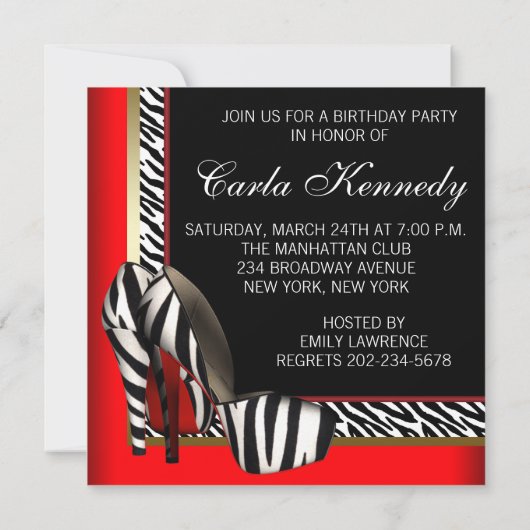 Zwart Goud Rood Zebra High Heels Verjaardagsfeest Kaart (Achterkant)