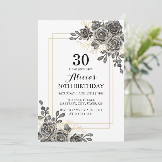 Zwart & Goud Roos Bloem Vrouw Volwassen Verjaardag Kaart (Staand voorkant)