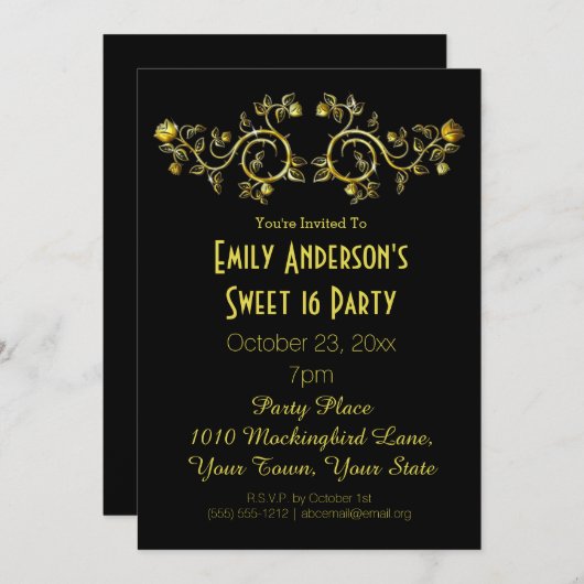 Zwart Goud Roos Glamour Theme Sweet 16 Verjaardag Kaart (Voorkant / Achterkant)