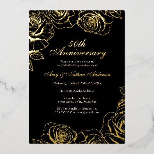 Zwart Goud Roos Tuin 50ste bruiloft Jubileum Folie Uitnodiging (Voorkant)