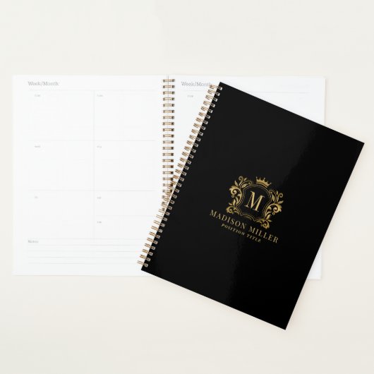 Zwart Goud Royal Crest Crown Scrolls Monogram Planner (Display)