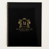 Zwart Goud Royal Crest Crown Scrolls Monogram Planner (Voorkant)