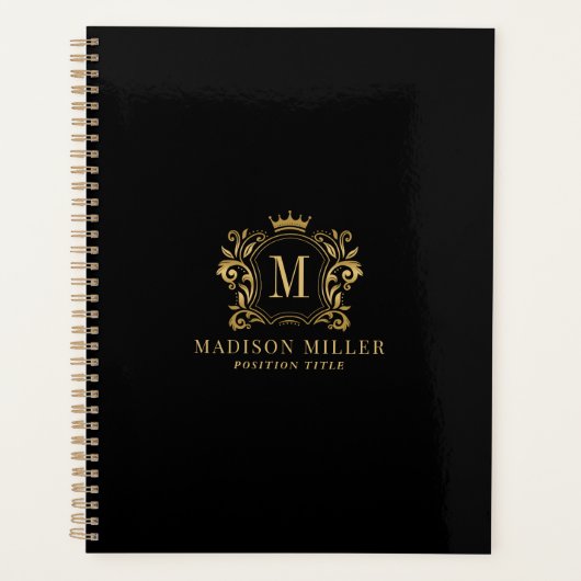 Zwart Goud Royal Crest Crown Scrolls Monogram Planner (Voorkant)