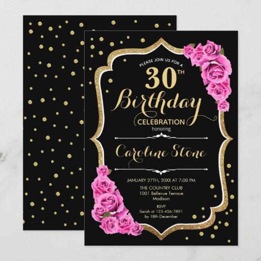 Zwart Goud Roze 30e Verjaardag Kaart (Voorkant / Achterkant)