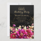 Zwart Goud Roze Bloemen 100e Verjaardagsfeest Kaart (Voorkant)