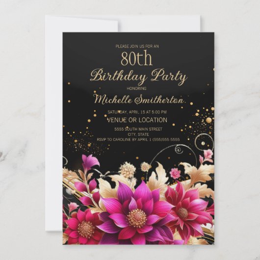 Zwart Goud Roze Bloemen 80ste Verjaardagsfeest Kaart (Voorkant)