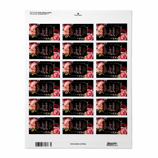 Zwart Goud Roze Bloemen Bruiloft Lip Balm Labels (Full Sheet)