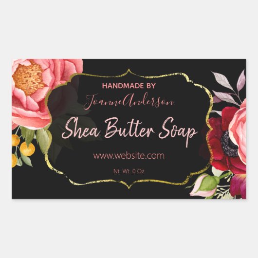 Zwart Goud Roze Bloemen Waterverf Zeep Rechthoekige Sticker (Voorkant)