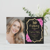 Zwart Goud Roze Foto 50e Verjaardag Kaart (Staand voorkant)