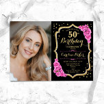 Zwart Goud Roze Foto 50e Verjaardag Kaart<br><div class="desc">Elegante bloemenuitnodiging voor de 50e verjaardag met uw foto. Glam zwart roze design met faux glitter goud. Beschikt over roze rozen, script lettertype en confetti. Perfect voor een stijlvol volwassen feestje. Personaliseer met je eigen gegevens. Kan voor om het even welke leeftijd worden aangepast! Gedrukte Zazzle-uitnodigingen of direct download digitale...</div>