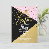 Zwart Goud & Roze Modern Script Sweet 16 Sixteen Kaart (Staand voorkant)