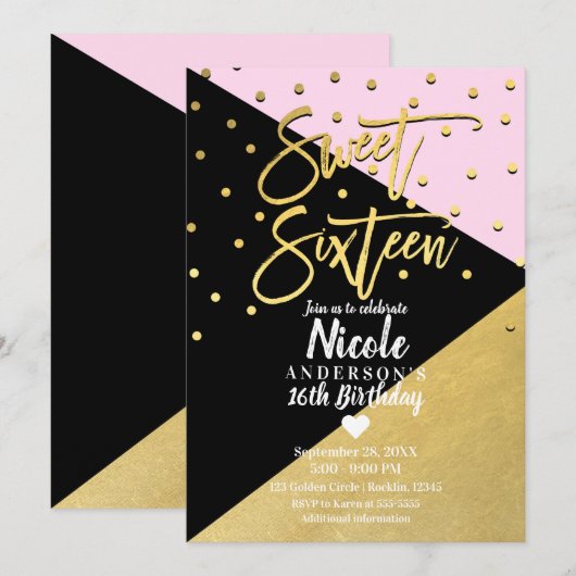 Zwart Goud & Roze Modern Script Sweet 16 Zestien Kaart (Voorkant / Achterkant)