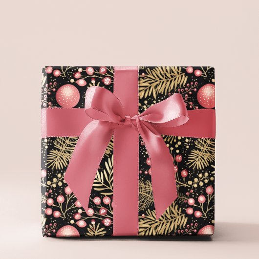  zwart goud & roze | Ornamenten Botanisch Cadeaupapier