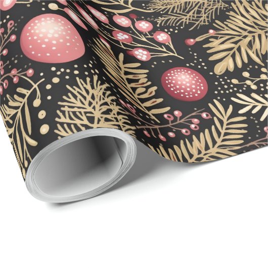  zwart goud & roze | Ornamenten Botanisch Cadeaupapier (Rol Hoek)