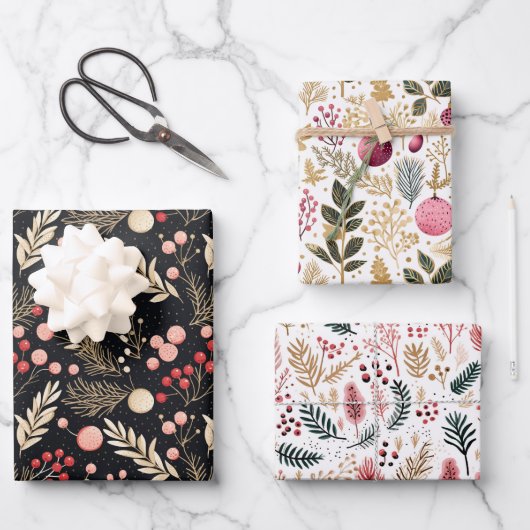 zwart goud & roze | Ornamenten Botanisch Inpakpapier Vel (Voorkant)