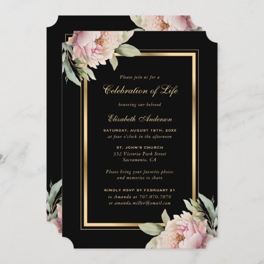 Zwart Goud Roze pioenroos Fotoviering van het Leve Kaart (Voorkant / Achterkant)