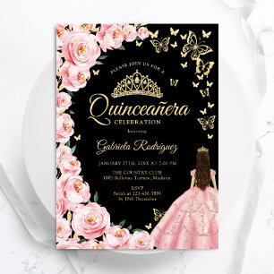 Zwart Goud Roze Rozen Vlinders Quinceanera Kaart