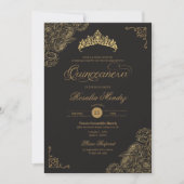 Zwart & Goud Rozen Elegant Quinceañera Kaart (Voorkant)