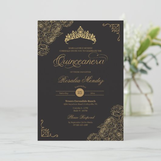 Zwart & Goud Rozen Elegant Quinceañera Kaart (Staand voorkant)