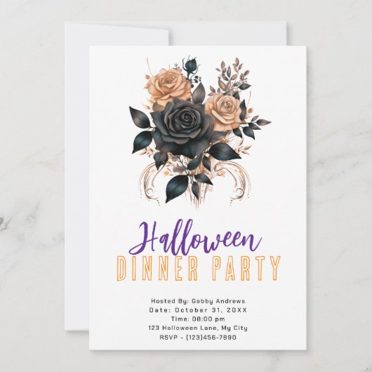 Zwart & Goud Rozen Gotische Halloween Diner Party Kaart (Voorkant)