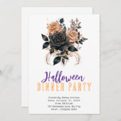 Zwart & Goud Rozen Gotische Halloween Diner Party Kaart (Voorkant / Achterkant)