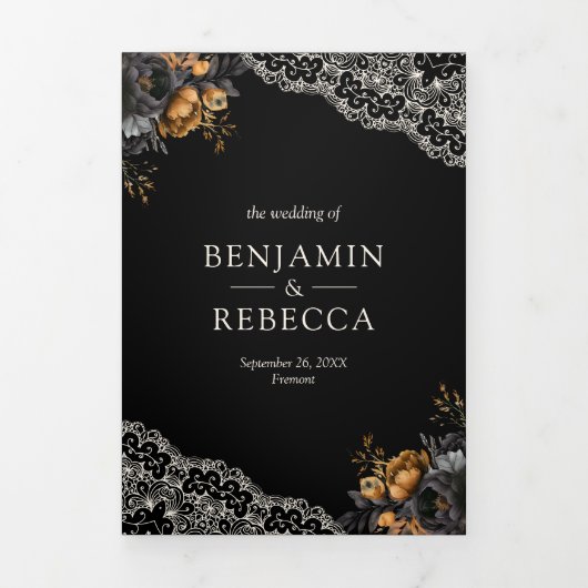 Zwart Goud Rozen Kant Cream Gotische QR Code Bruil Drieluik Uitnodiging (Cover)