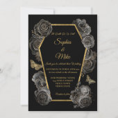 Zwart & Goud Rozen Kist Gotisch Elegant Bruiloft Kaart (Voorkant)