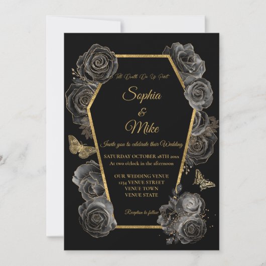 Zwart & Goud Rozen Kist Gotisch Elegant Bruiloft Kaart