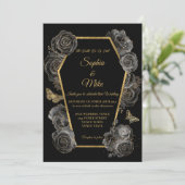Zwart & Goud Rozen Kist Gotisch Elegant Bruiloft Kaart (Staand voorkant)