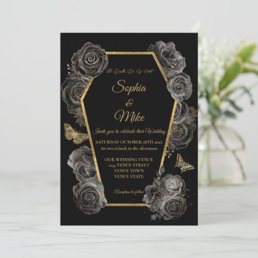 Zwart & Goud Rozen Kist Gotisch Elegant Bruiloft Kaart (Staand voorkant)