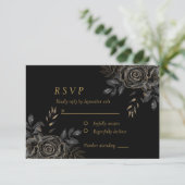 Zwart & Goud Rozen Kist Gotisch Elegant RSVP Kaartje (Staand voorkant)