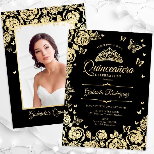 Zwart Goud Rozen Vlinders Quinceanera Foto Kaart