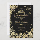 Zwart Goud Rozen Vlinders Quinceanera Kaart (Voorkant)