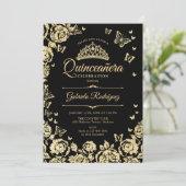 Zwart Goud Rozen Vlinders Quinceanera Kaart (Staand voorkant)