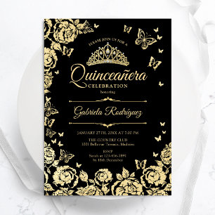 Zwart Goud Rozen Vlinders Quinceanera Kaart