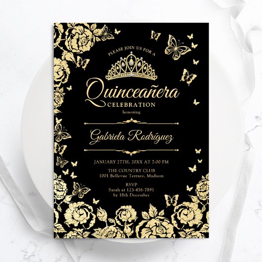 Zwart Goud Rozen Vlinders Quinceanera Kaart