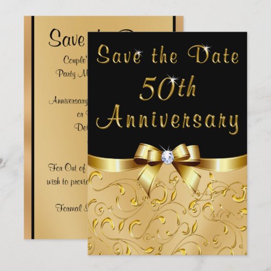Zwart, Goud Save the Date 50th Wedding Jubileum Kaart (Voorkant / Achterkant)