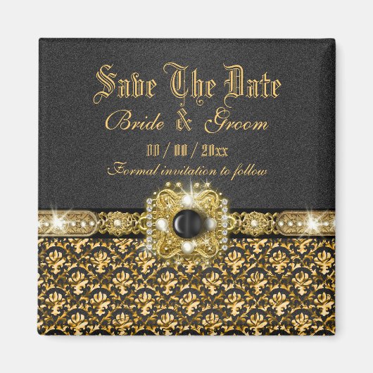 Zwart goud "save the date" damask bruiloft magneet (Voorkant)