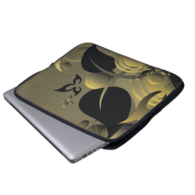 Zwart & Goud Schattige Cool Girly Retro Floral Laptop Sleeve (Voorkant onderkant)
