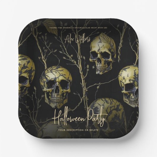Zwart Goud Schedel Modern Volwassen Halloween Part Papieren Bordje (Voorkant)