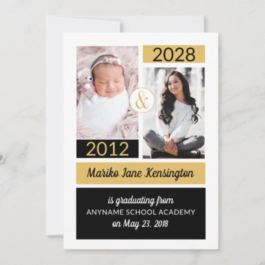 Zwart Goud School Kleuren Toen en Nu Afstuderen Kaart (Voorkant)