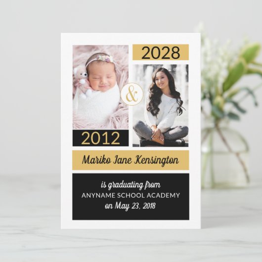 Zwart Goud School Kleuren Toen en Nu Afstuderen Kaart (Staand voorkant)