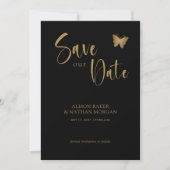 Zwart & Goud Schrift met Glitter Vlinder Bruiloft Save The Date (Voorkant)