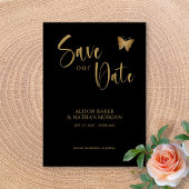 Zwart & Goud Schrift met Glitter Vlinder Bruiloft Save The Date