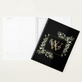 Zwart Goud Schrift Monogram Groene Bloemen Planner (Display)