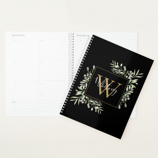 Zwart Goud Schrift Monogram Groene Bloemen Planner (Display)